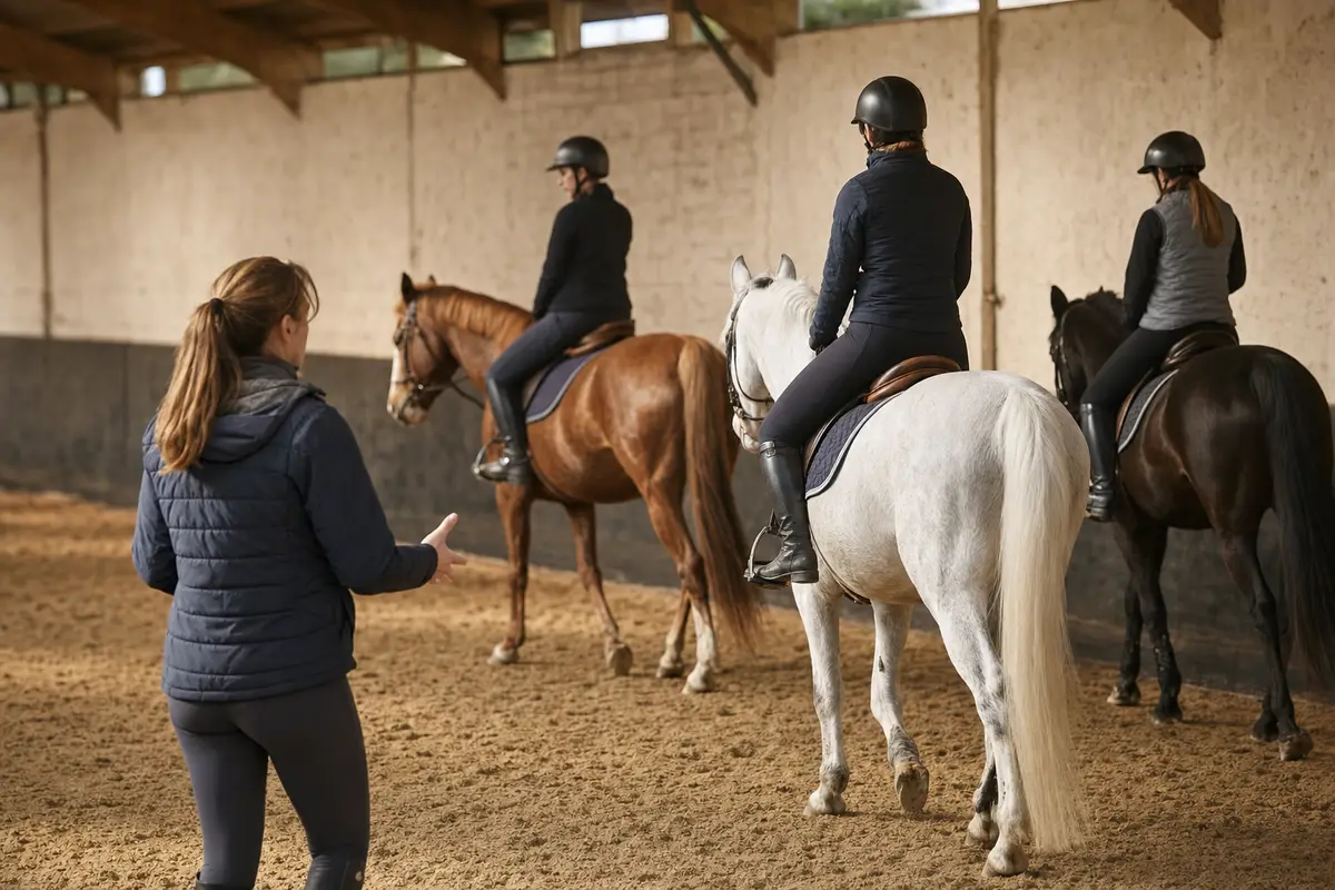 Cours collectif d'équitation en manège couvert : trois cavaliers casqués au pas et un moniteur encadrant la reprise